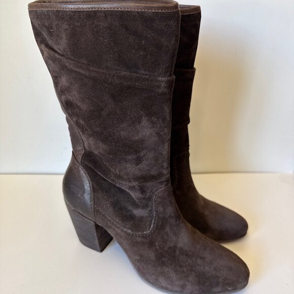 Trask Brown Whipstitch Suede Leather Womans 9.5 Mid Calf Pull-On Boots - Picture 1 of 16